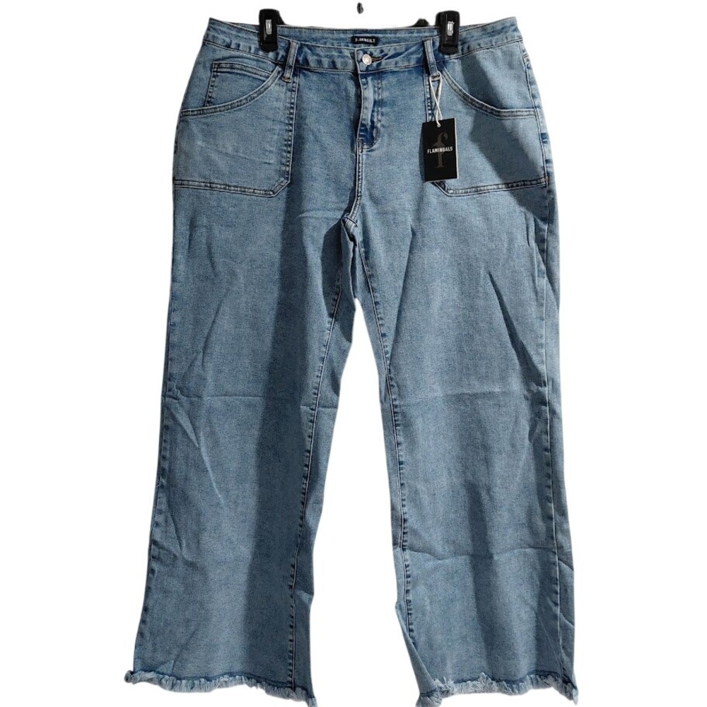 Flamingals Womens Wide Leg Jeans Light Wash Raw Hem Patch Pocket Blue XXXL NEW